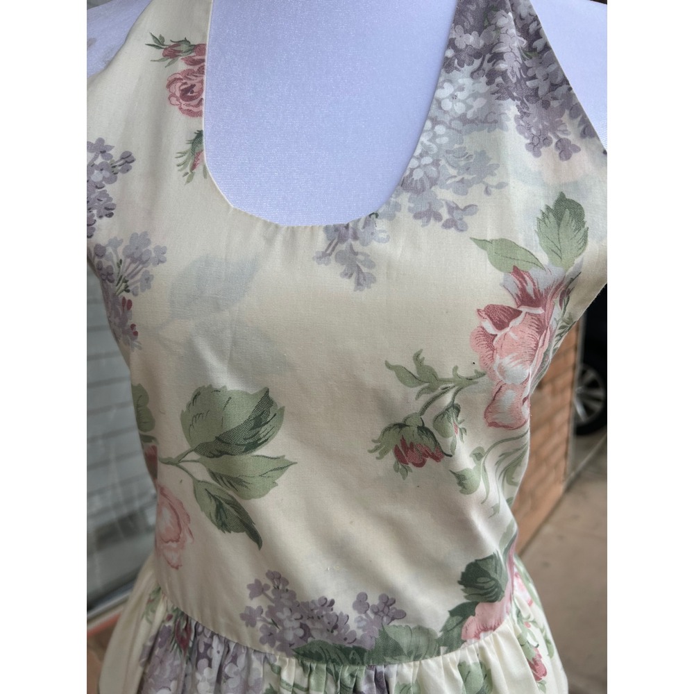 Vintage Floral Halter Apron Dress Pink Rose Ruffle Hem Cottagecore Prairie Small - Picture 6 of 8